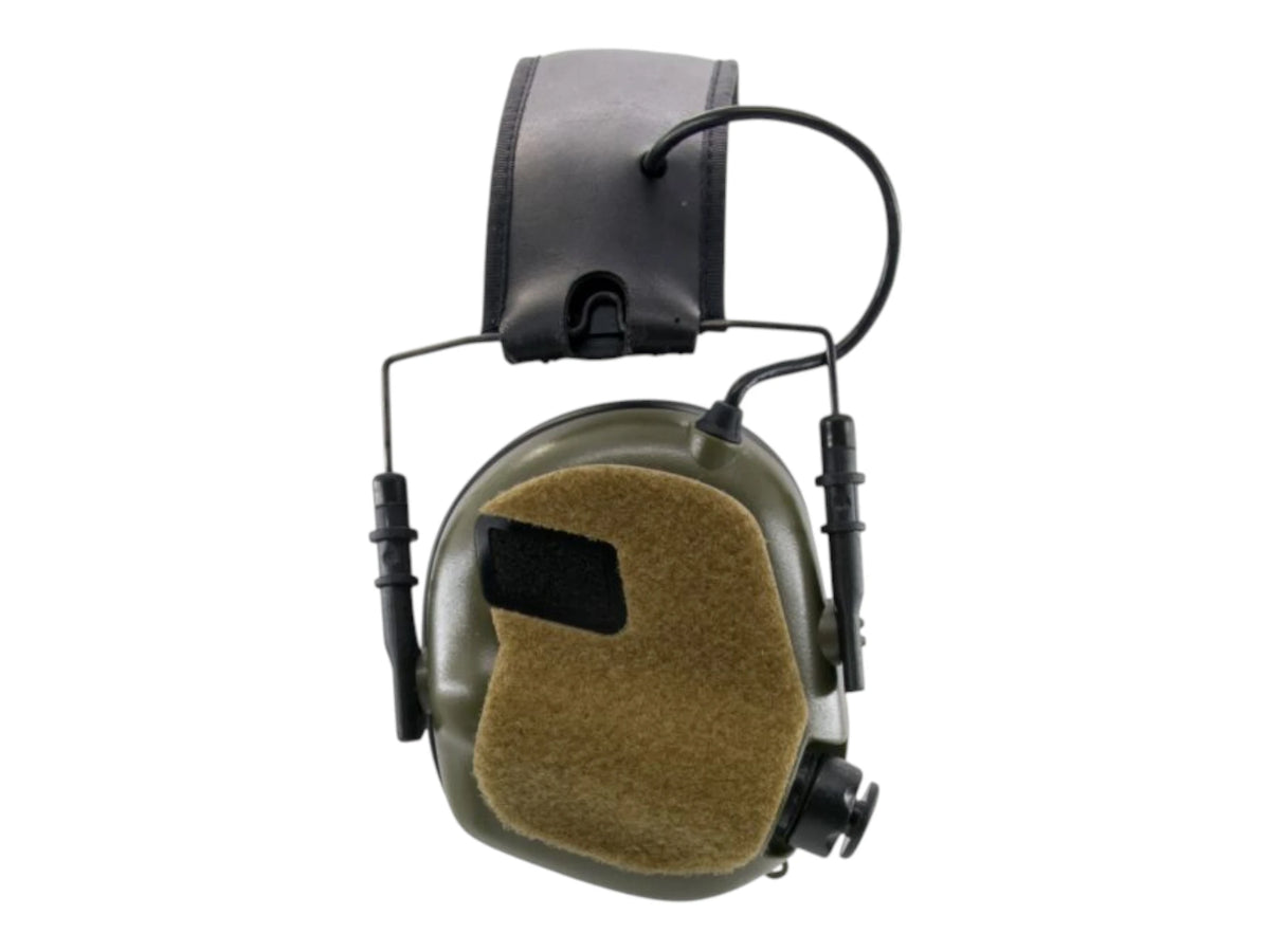 Green Earmor ear cup with a full coyote tan hook and loop panel covering the outer shell