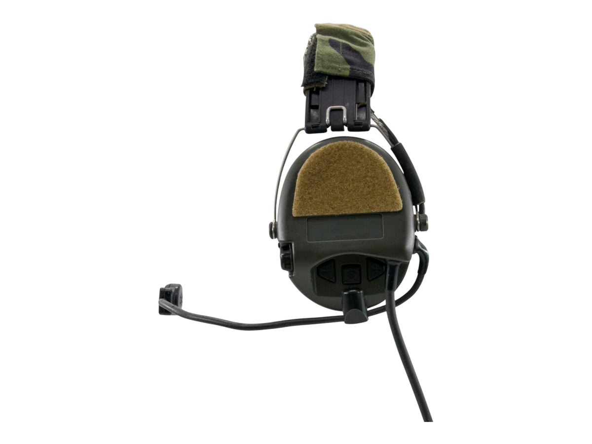 MSA Sordin style headset with tan hook and loop panels on the cup and headband, boom mic fitted