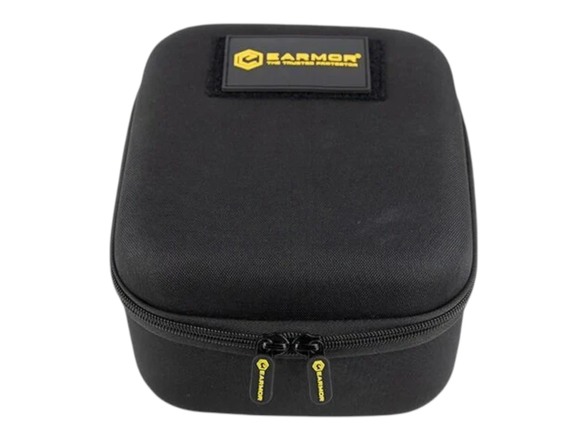 Black Earmor S16A hard carry case with yellow branded patch and twin zip pulls, closed