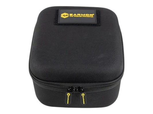 Black Earmor S16A hard carry case with yellow branded patch and twin zip pulls, closed