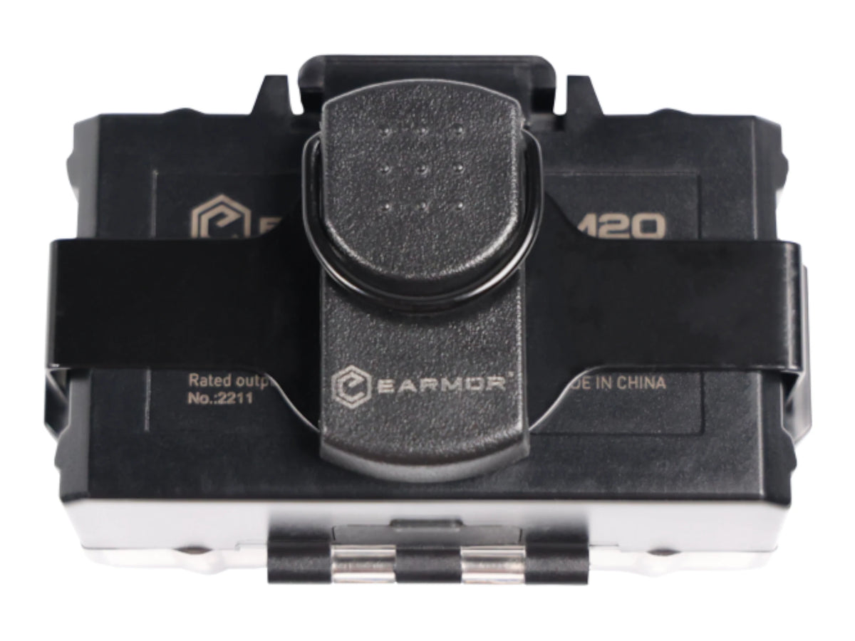 Earmor S25 holder strapped around a battery pack, front view showing the branded grip pad