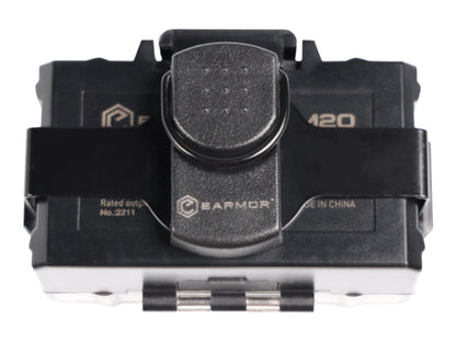 Earmor S25 holder strapped around a battery pack, front view showing the branded grip pad