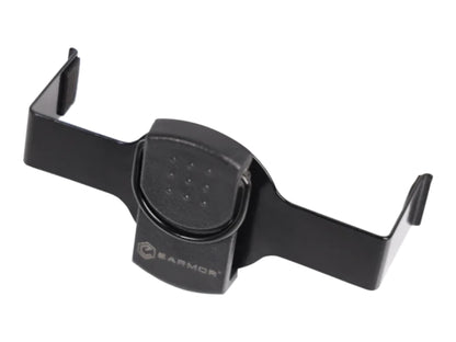 Earmor S25 battery compartment holder at an angle, showing the hooked arms and centre pad