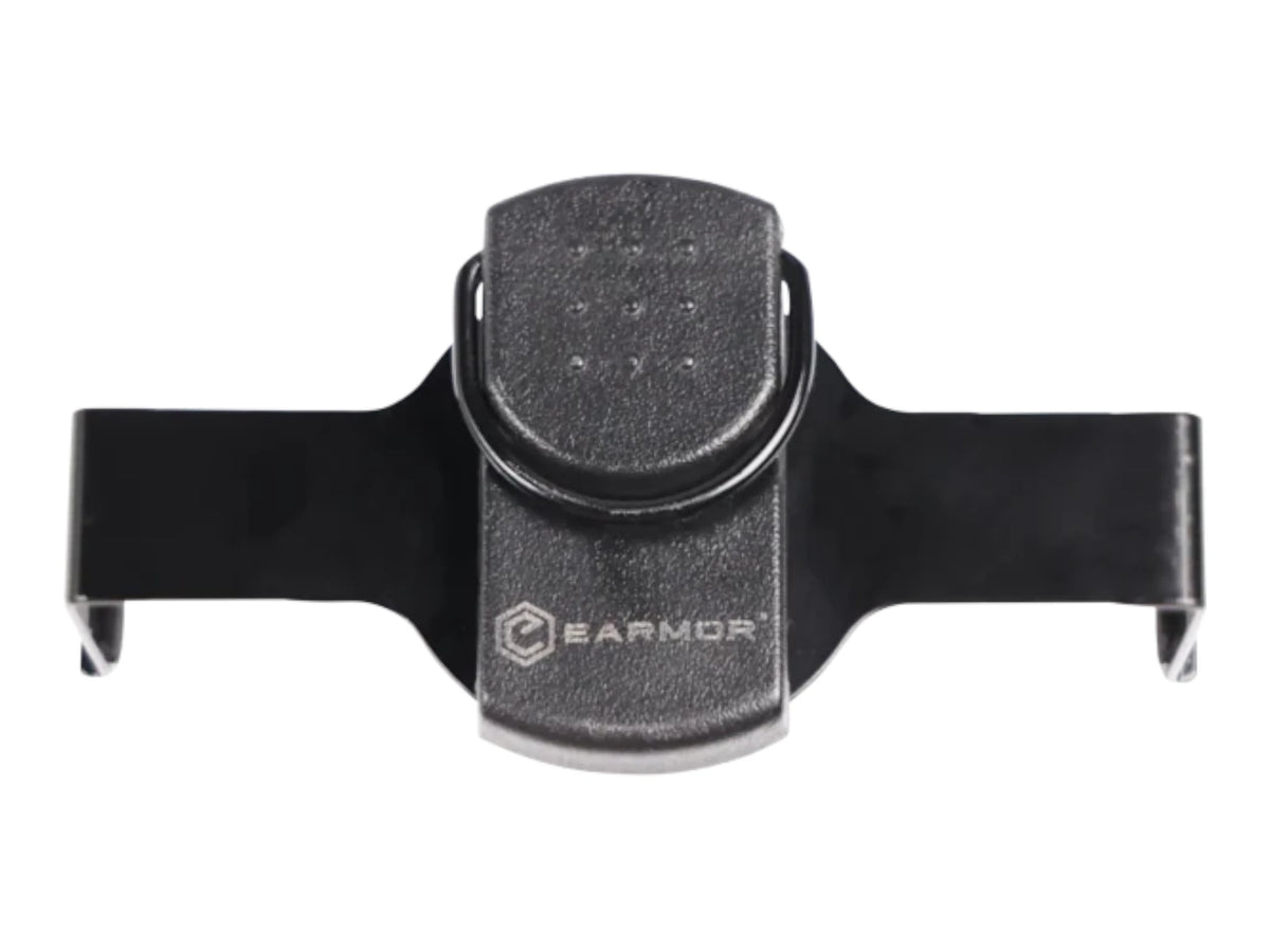 Earmor S25 battery compartment holder laid flat, showing the full width of the arms and clip