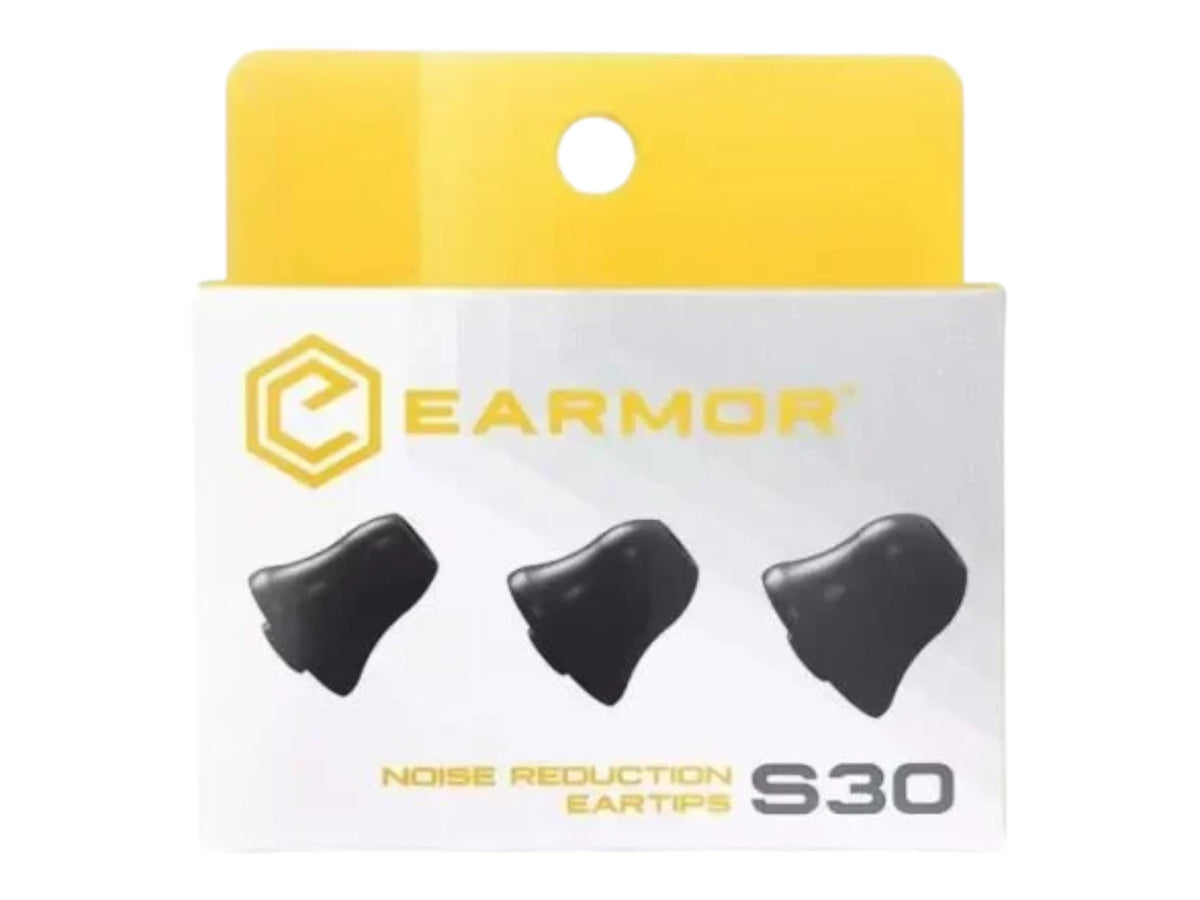 Earmor S30 noise reduction eartips in retail packaging showing three black foam tips on the card