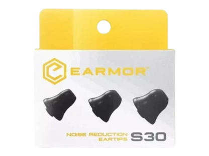 Earmor S30 noise reduction eartips in retail packaging showing three black foam tips on the card