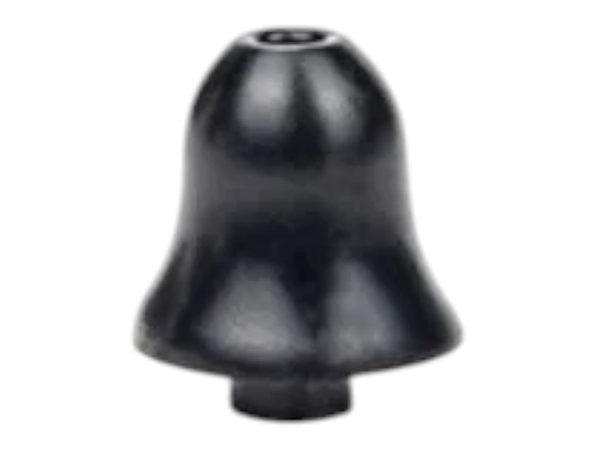 Close-up of a single black Earmor S30 foam eartip showing its bell shape and stem