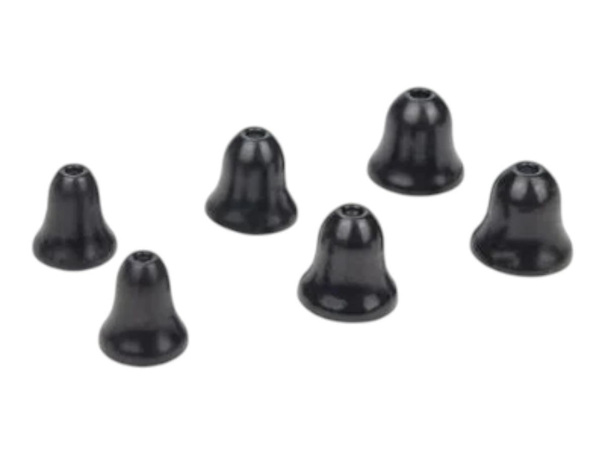 Seven black Earmor S30 foam eartips arranged loose on a white background