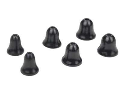 Seven black Earmor S30 foam eartips arranged loose on a white background