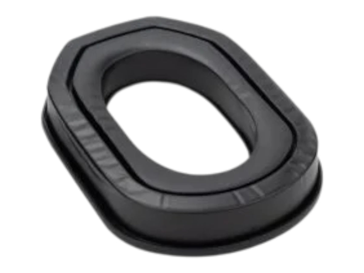 Black Earmor S32B gel ear pad shown at an angle with its oval opening and soft outer cushion