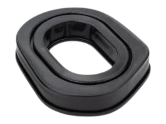 Single black Earmor S33B gel ear pad shown at an angle with its oval opening and sealing lip
