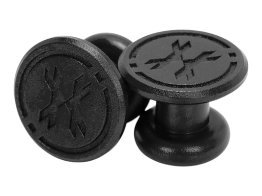 Pair of HK Army aluminium goggle jaw plugs in black with embossed HK logo