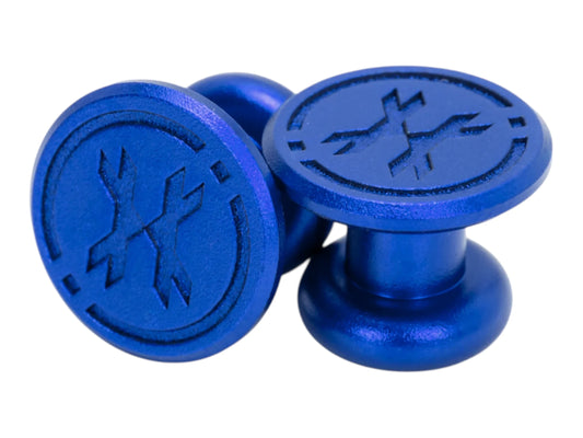 Pair of HK Army aluminium goggle jaw plugs in blue with embossed HK logo