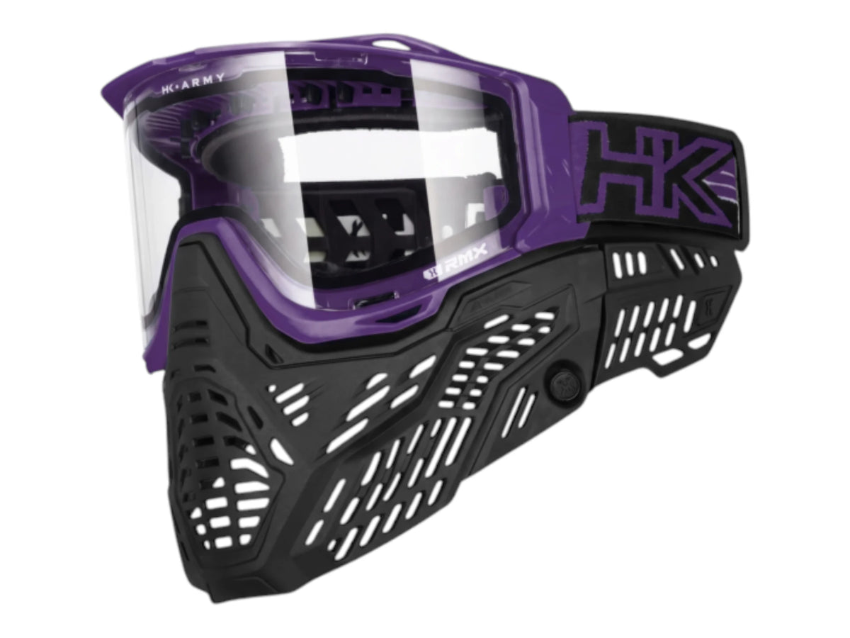 HK Army RMX goggle in purple with a clear thermal lens fitted, side view