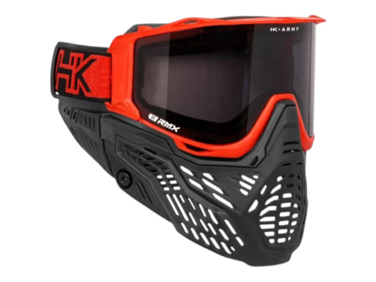 HK Army RMX goggle with red frame and black lower, smoke thermal lens, side view
