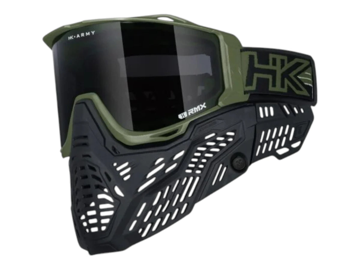 HK Army RMX goggle in olive green with a smoke thermal lens, side view