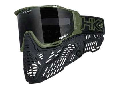 HK Army RMX goggle in olive green with a smoke thermal lens, side view