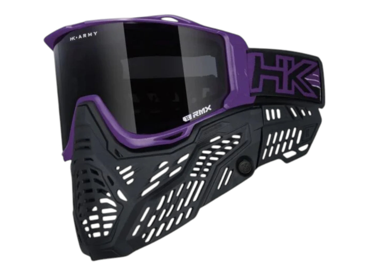 HK Army RMX goggle with purple frame and black lower, smoke thermal lens, side view