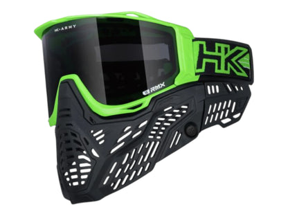 HK Army RMX goggle in lime green with a smoke thermal lens, side view