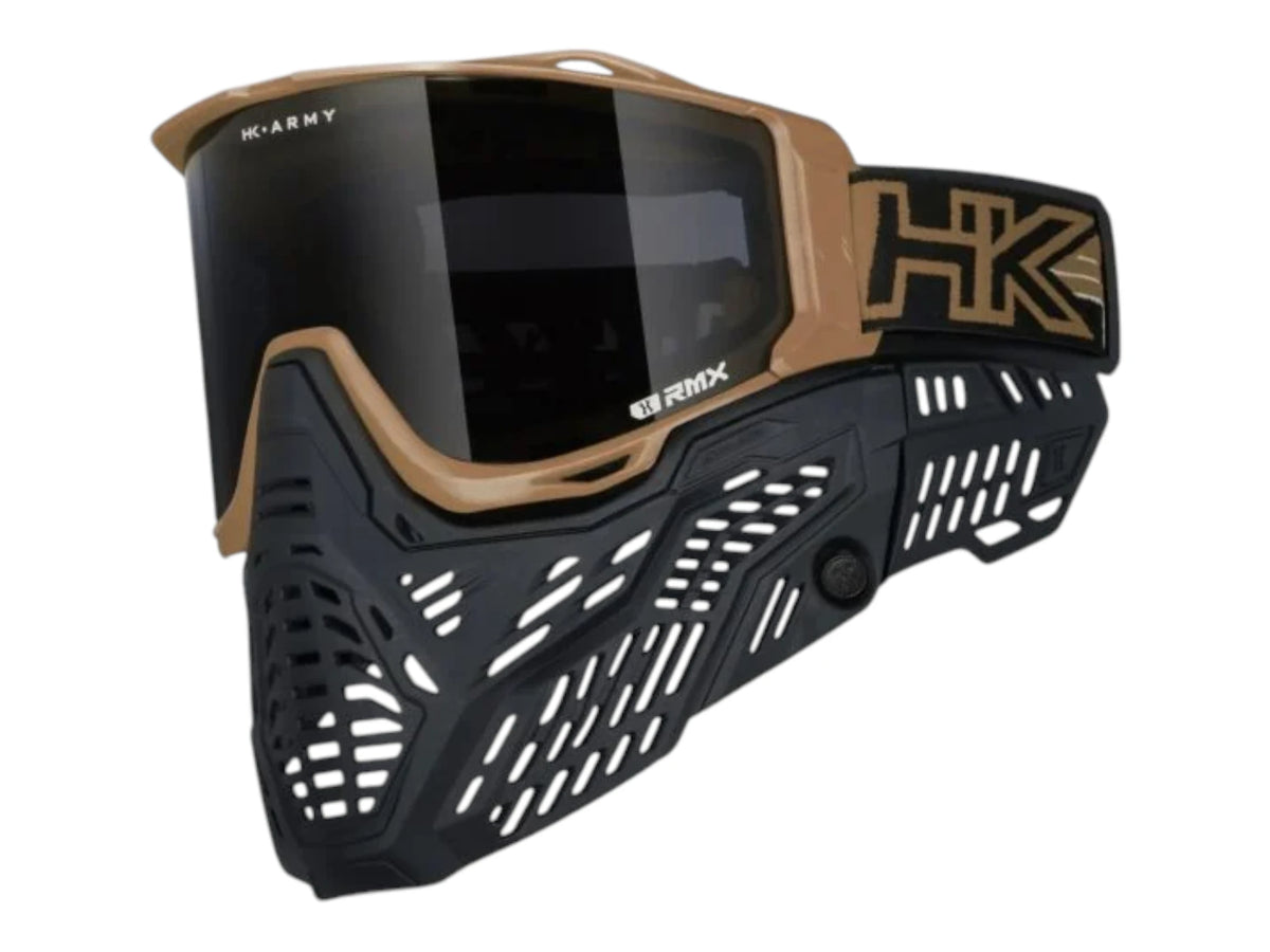 HK Army RMX goggle in tan with a smoke thermal lens, side view