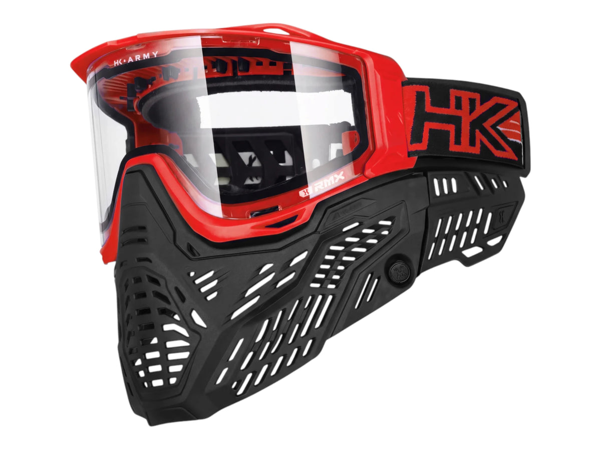 HK Army RMX goggle in red with a clear thermal lens fitted, side view