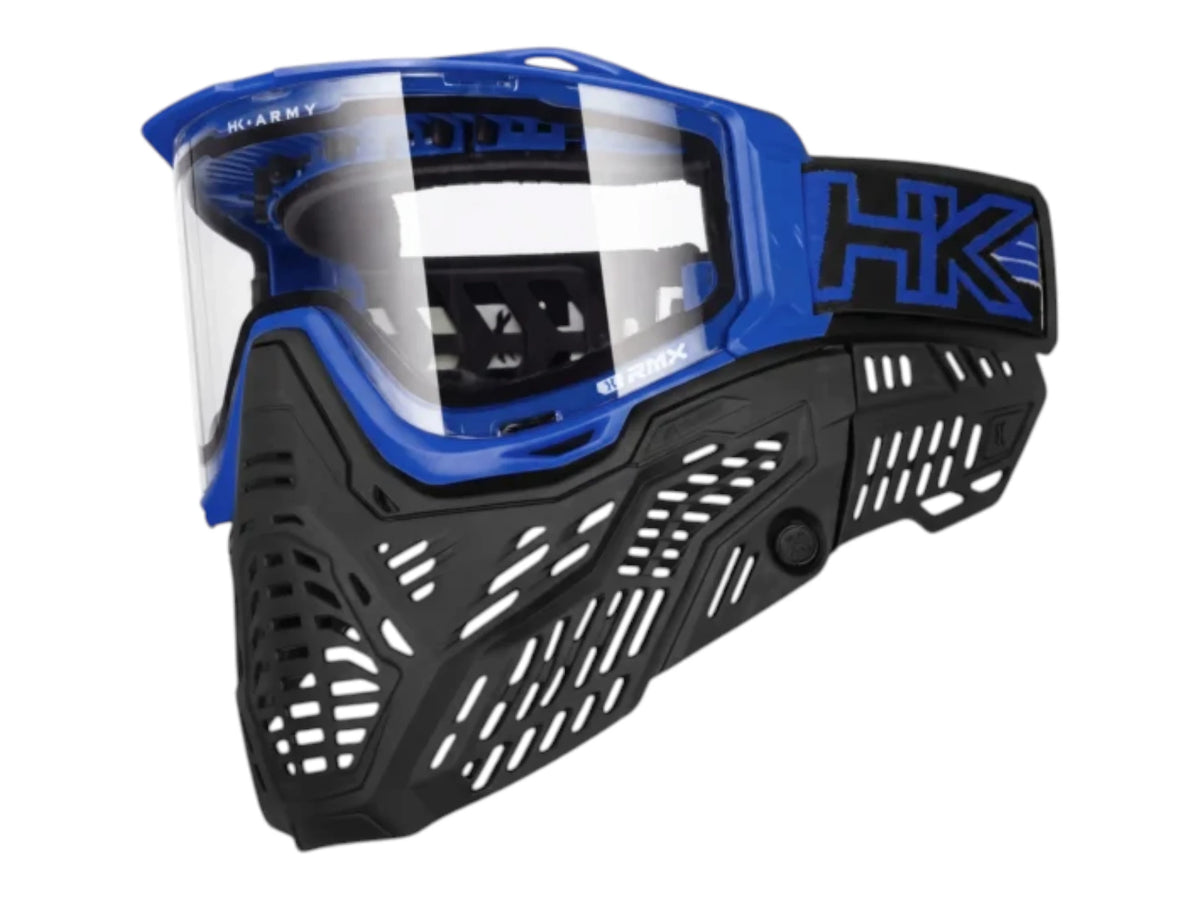 HK Army RMX goggle in blue with a clear thermal lens fitted, side view