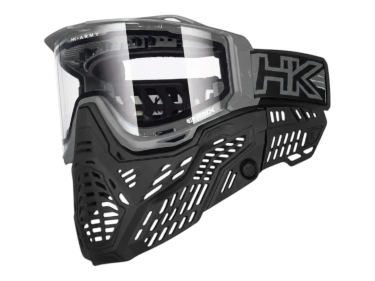HK Army RMX goggle in grey with a clear thermal lens fitted, side view