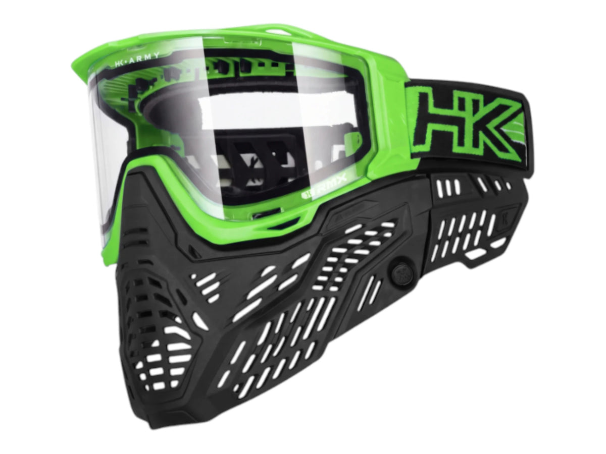 HK Army RMX goggle in lime green with a clear thermal lens fitted, side view