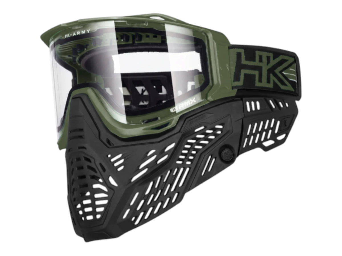 HK Army RMX goggle in olive green with a clear thermal lens fitted, side view