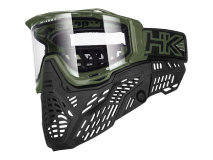 HK Army RMX goggle in olive green with a clear thermal lens fitted, side view