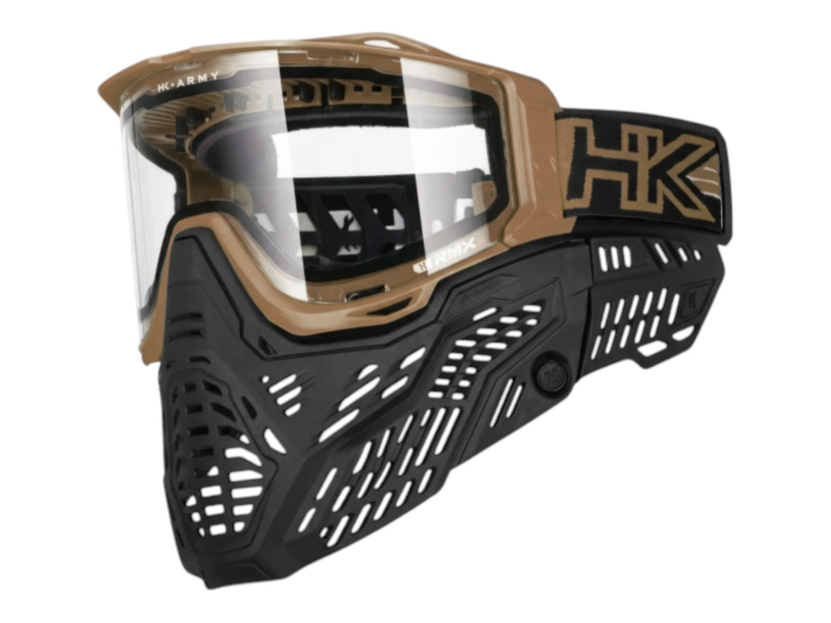 HK Army RMX goggle in tan with a clear thermal lens fitted, side view