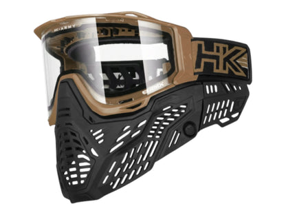 HK Army RMX goggle in tan with a clear thermal lens fitted, side view