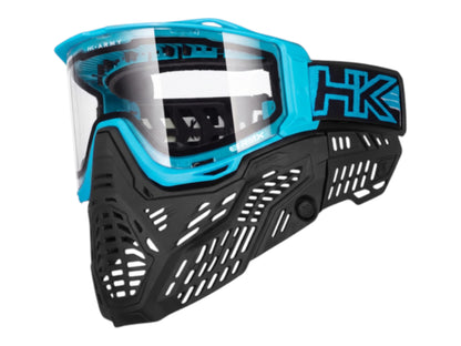 HK Army RMX goggle in cyan with a clear thermal lens fitted, side view