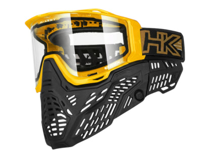 HK Army RMX goggle in gold with a clear thermal lens fitted, side view