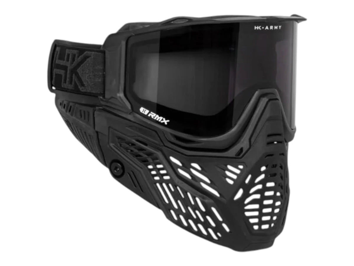 HK Army RMX goggle in all black with a smoke thermal lens, side view