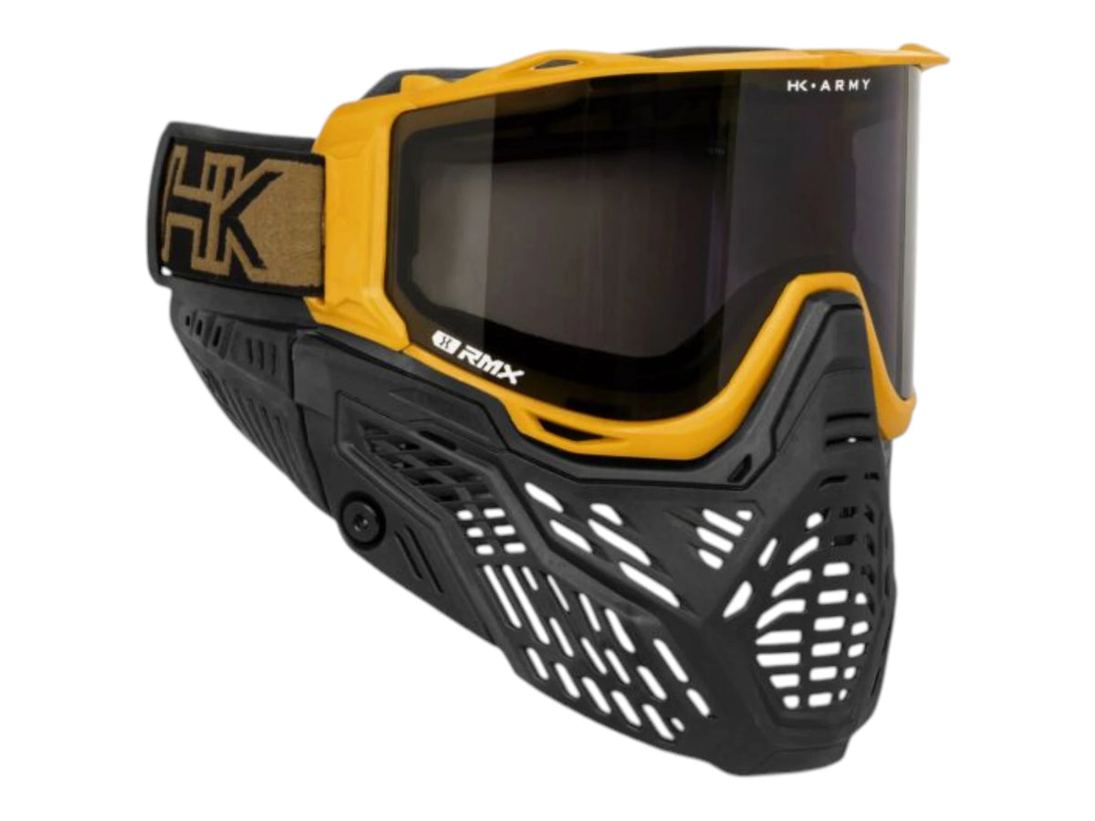 HK Army RMX goggle in gold with a smoke thermal lens, side view