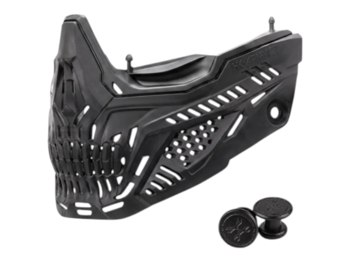 HK Army RMX Terror lower faceplate in black with skull cut-outs, jaw plugs beside it
