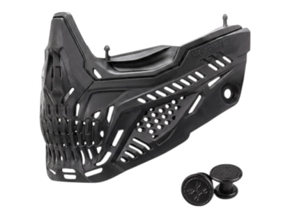HK Army RMX Terror lower faceplate in black with skull cut-outs, jaw plugs beside it