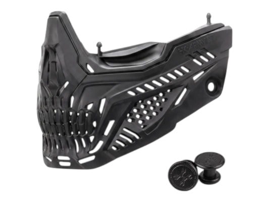 HK Army RMX Terror lower faceplate in black with skull cut-outs, jaw plugs beside it