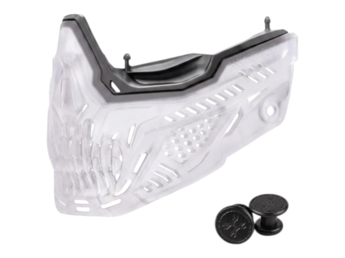 HK Army RMX Terror lower faceplate in clear with skull cut-outs and black jaw plugs