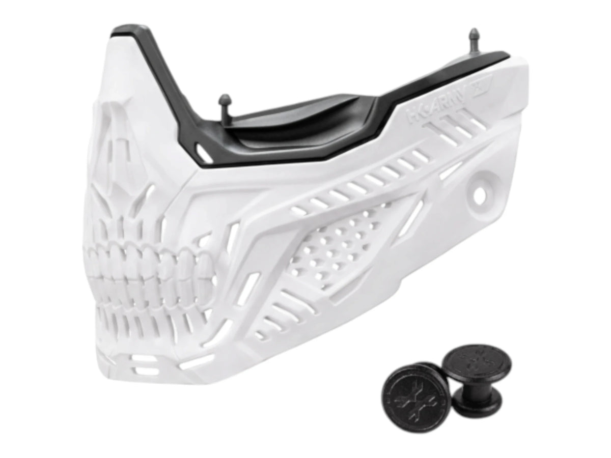 HK Army RMX Terror lower faceplate in white with skull cut-outs and black jaw plugs