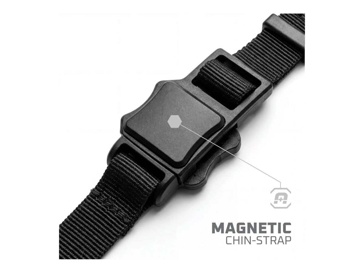 Magnetic chin strap buckle on the HK Army RMX Terror faceplate, shown as a labelled detail