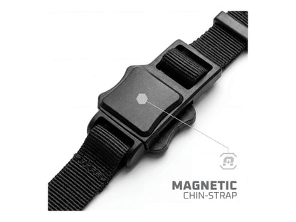 Magnetic chin strap buckle on the HK Army RMX Terror faceplate, shown as a labelled detail