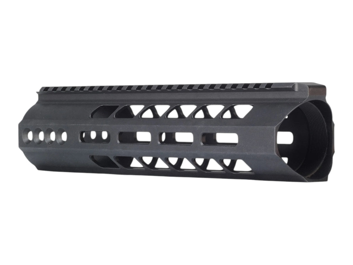 Angled view of the Wolverine Invictus Gen-12 M-LOK rail showing the muzzle end, M-LOK slots and triangular cut-outs