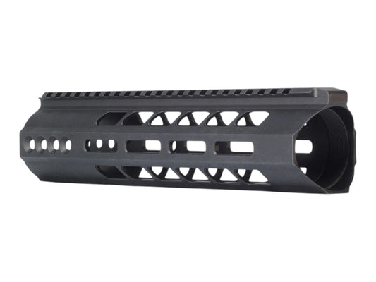 Angled view of the Wolverine Invictus Gen-12 M-LOK rail showing the muzzle end, M-LOK slots and triangular cut-outs