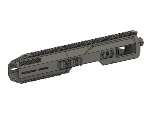 CAD render of the Kross Airsoft Design AAP-01 carbine kit shell, showing the full-length top rail and KAD marking