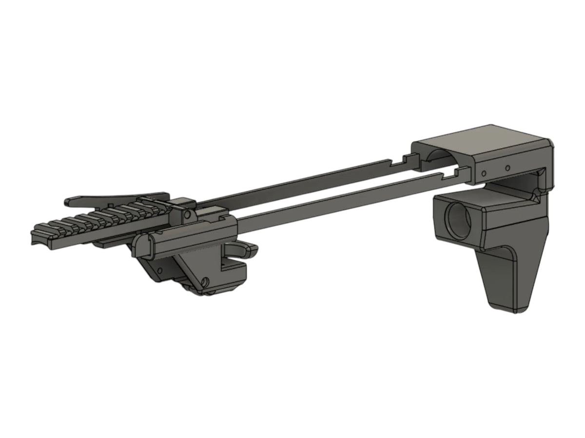 CAD render of the Kross Airsoft Design AAP-01 pop stock extended, with the rail section and cheek arm