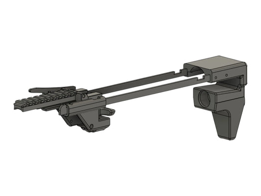 CAD render of the Kross Airsoft Design AAP-01 pop stock extended, with the rail section and cheek arm