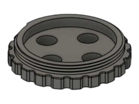 CAD render of the Kross Airsoft Design Balystik regulator cap, showing the knurled rim and three ports
