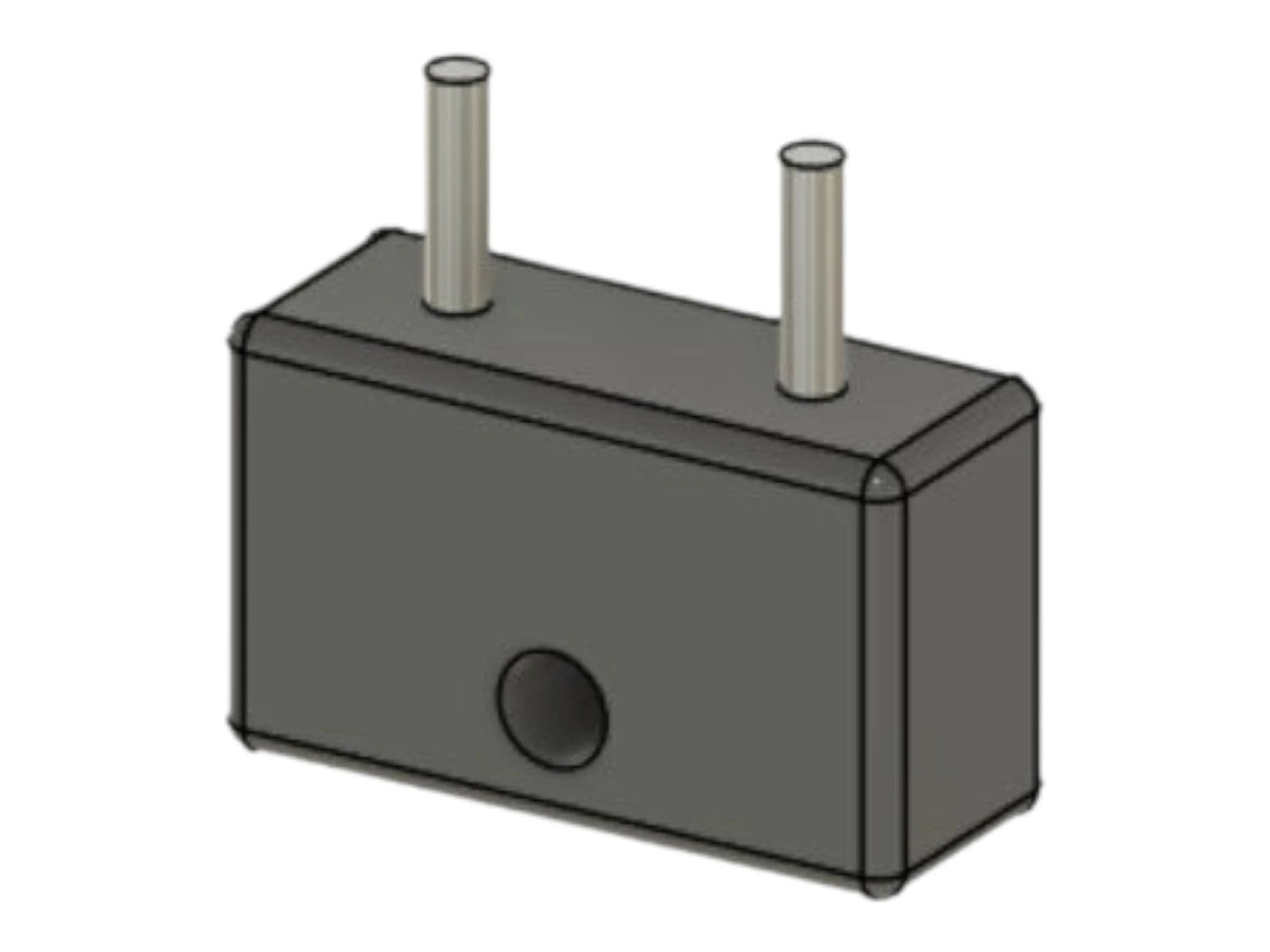 CAD render of the Kross Airsoft Design Balystik regulator key, a rectangular block with two locating pins